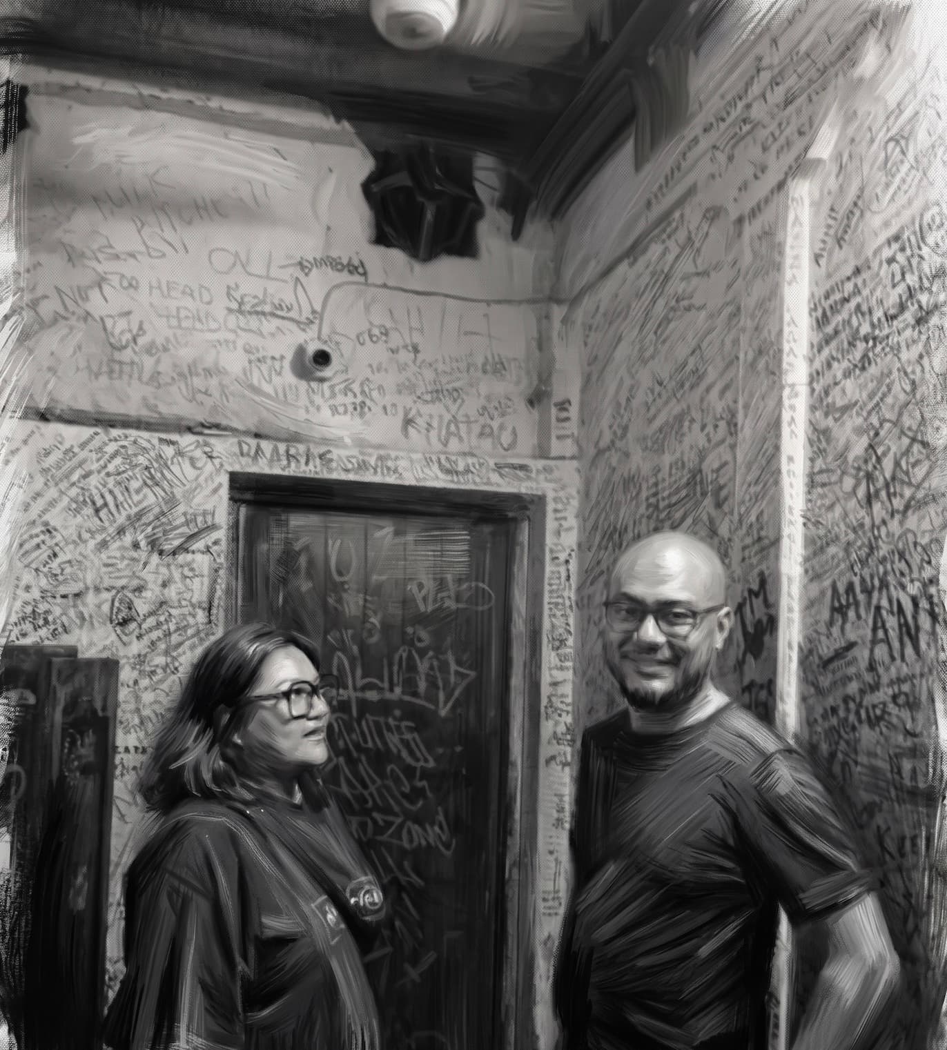 Charcoal-style portrait of Liansangpuia Chhakchhuak and wife in a graffiti-covered room